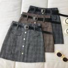 Set: Plaid Mini A-line Skirt + Faux Leather Belt