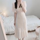 Bell Sleeve V-neck Draped Mermaid Midi Dress
