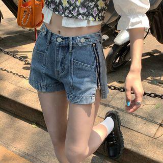High-waist Washed Denim Split Zip Shorts