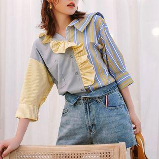 Striped Ruffle Trim 3/4-sleeve Shirt