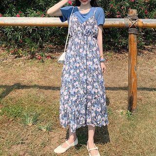 Short-sleeve Plain T-shirt / Spaghetti Strap Floral Print Midi A-line Dress