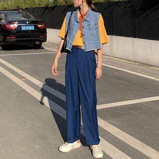 Plain Short-sleeve T-shirt / Wide Leg Dress Pants / Scarf