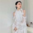 Long-sleeve Sheer A-line Dress Pearl White - One Size