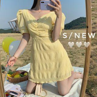 Puff-sleeve Chiffon A-line Mini Dress Yellow - One Size