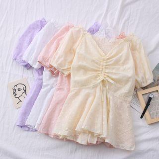 Embroidered Drawstring V-neck Blouse