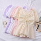 Embroidered Drawstring V-neck Blouse