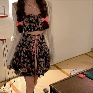 Floral Print Cropped Camisole Top / A-line Skirt / Cardigan / Set