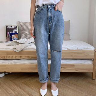 Band-waist Slashed Wide-leg Jeans