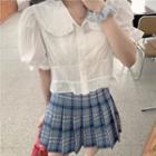 Collared Short-sleeve Blouse / Plaid Pleated Mini A-line Skirt