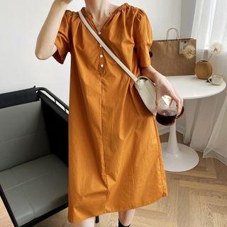 Plain Short-sleeve Half-button Midi A-line Dress