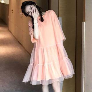 Mesh Overlay Elbow-sleeve T-shirt Dress