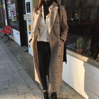 Peaked-lapel Herringbone Long Coat