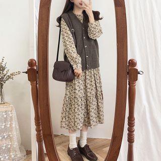 Long-sleeve Dress / Button-up Sweater Vest / Set