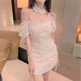 Drawstring Cold-shoulder Mini Sheath Dress White - One Size