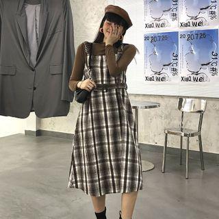 Set: Long Sleeve Mock Neck Plain T-shirt + Plaid Pinafore Dress
