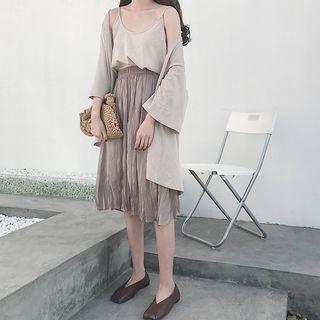 Spaghetti Strap Top / Light Jacket / Accordion Midi Skirt