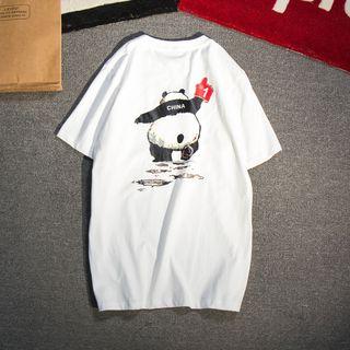 Elbow-sleeve Panda Print T-shirt