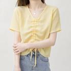 Short-sleeve Drawstring Crinkled Cropped Blouse