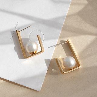 925 Sterling Silver Open Rectangle Faux Pearl Dangle Earring 1 Pair - Gold - One Size