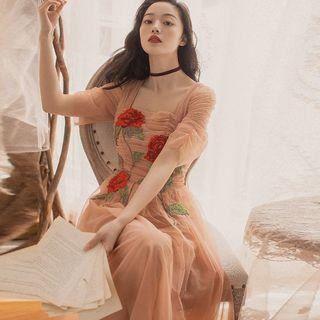 Short-sleeve Floral -embroidery Midi Dress