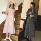 Floral V-neck Long-sleeve Dress / Plain Turtle-neck Long-sleeve Top