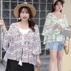 Printed Open Front 3/4-sleeve Light Jacket