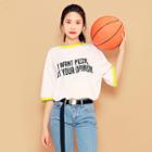 Elbow-sleeve Contrast-trim Lettering T-shirt