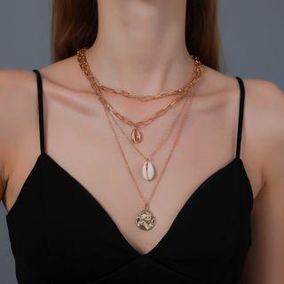 Alloy Disc Shell Pendant Layered Necklace 5079 - 01 - Gold - One Size