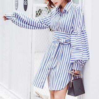 Striped Lantern-sleeve Shirt Dress