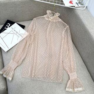 Mock-neck Dotted Long-sleeve Mesh Top