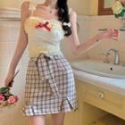Ruffled Bow Camisole Top / Tie-waist Plaid Mini Pencil Skirt