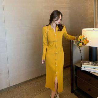 Long-sleeve Collared Button-up Knit Midi Sheath Dress (various Designs)