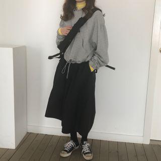 Drawstring-hem Hoodie / Mock Turtleneck Mesh Top / Midi A-line Skirt