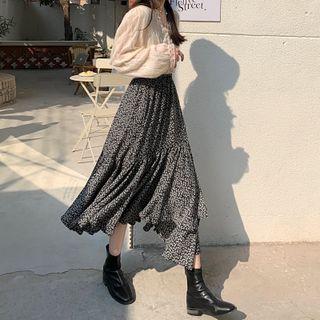 Floral Chiffon Asymmetrical Hem Midi Skirt Black - One Size