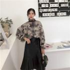 Frill Trim Printed Sweatshirt / Faux Leather Pleated Midi Skirt