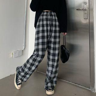 Plaid High-waist Wide-leg Pants Plaid - Black - One Size