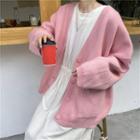 Long-sleeve Plain Knit Cardigan Pink - One Size