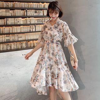 Elbow-sleeve Frill Trim Patterned A-line Chiffon Dress