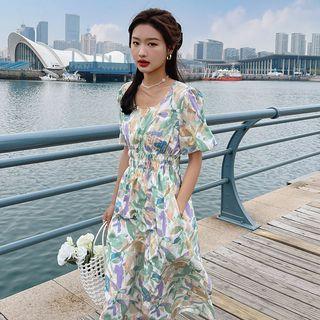 High-waist Puff-sleeve Floral Dress