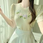 Flower Embroidery Pointelle-knit Top
