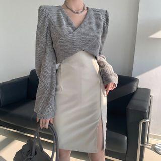 Long-sleeve Top / Slit Fitted Skirt