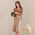 3/4-sleeve Tie-waist Wrap Blouse / Midi Mermaid Skirt