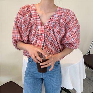 Plaid V-neck Elbow-sleeve Top