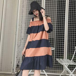 Off-shoulder Color Block A-line Dress