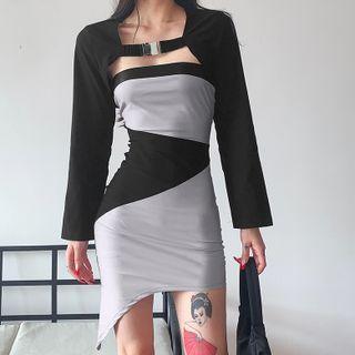 Set: Long-sleeve Buckled Cropped Jacket + Strapless Asymmetrical Bodycon Dress