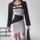 Set: Long-sleeve Buckled Cropped Jacket + Strapless Asymmetrical Bodycon Dress
