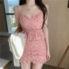 Spaghetti Strap Eyelet Lace Peplum Top + Fitted Mini Skirt / Cropped Cardigan