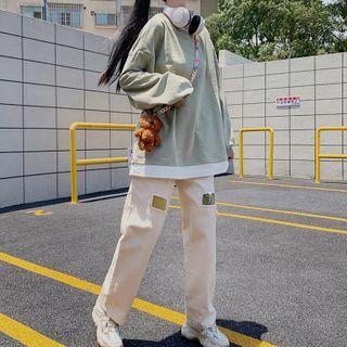 Mock Two-piece Sweatshirt / Distressed Straight Leg Pants