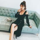 Cold-shoulder Long-sleeve Slit Midi A-line Dress