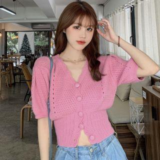 Puff-sleeve Button-up Pointelle Knit Top